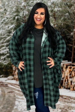 56 OT-G {Along The Drive} Green Plaid Hooded Cardigan EXTENDED PLUS SIZE 3X 4X 5X