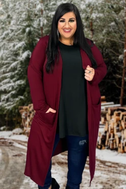 LD-Q {Class And Charm} Burgundy Long Duster W/Pockets PLUS SIZE XL 2X 3X