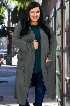 LD-Q {Class And Charm} Charcoal Long Duster W/Pockets PLUS SIZE XL 2X 3X