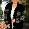 20 OT-T {Country Plaid} Black Button W/Plaid Sleeves Shacket PLUS SIZE 1X 2X 3X -Curvy Chic Boutique CountryPlaid