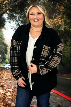 20 OT-T {Country Plaid} Black Button W/Plaid Sleeves Shacket PLUS SIZE 1X 2X 3X