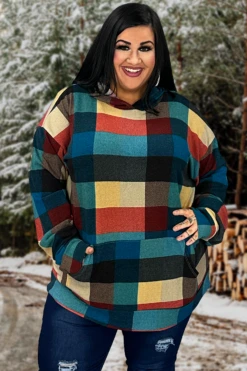 87 HD-B {Double Take} Multi-Color Plaid Hoodie W/Pocket EXTENDED PLUS SIZE 3X 4X 5X
