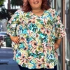 12 PQ-D {Draw The Line} SALE!Multi-Color Leaf Print Babydoll Top EXTENDED PLUS SIZE 3X 4X 5X -Curvy Chic Boutique DrawtheLine