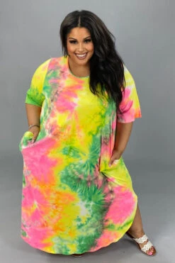 LD-S {In My Element} Yellow/Green Tie Dye Maxi Dress CURVY BRAND!!! EXTENDED PLUS SIZE XL 2X 3X 4X 5X 6X