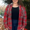 11 OT-A {Follow Behind} Red Plaid Button Up Shacket W/Hood PLUS SIZE 1X 2X 3X -Curvy Chic Boutique Followbehindred