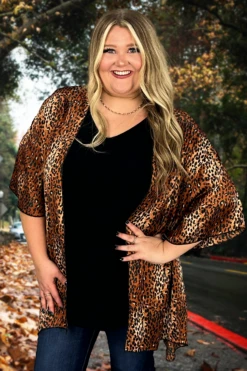 71 OT-D {Full Of Confidence} Tan Leopard Print Kimono Plus Size 1X 2X 3X