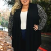 26 OT-C {Hidden Agenda} Black Cardigan W/Printed Sleeves PLUS SIZE 1X 2X 3X -Curvy Chic Boutique HiddenAgenda