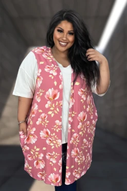 75 OT {Aim High} Mauve Floral Long Vest W/Pockets CURVY BRAND!!! EXTENDED PLUS SIZE 4X 5X 6X
