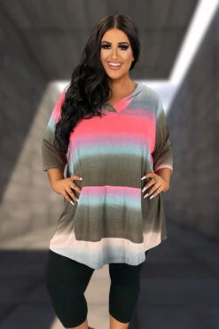 66 HD {Follow Me To Curvy} Grey Coral Teal Striped Hoodie CURVY BRAND!!! EXTENDED PLUS SIZE 3X 4X 5X