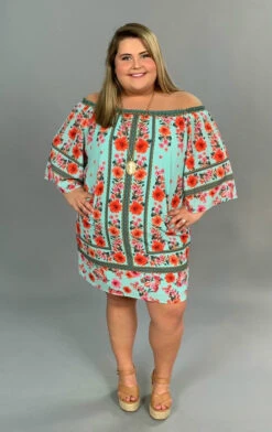 OS-B {Big Flirt} "UMGEE" Aqua Floral Dress With Lining