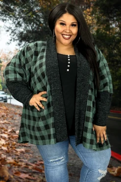 55 OT-B {Keep Me In Check} Green Check Print Cardigan EXTENDED PLUS SIZE 1X 2X 3X 4X 5X