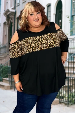 45 OS-S {Love My Life} Black/Leopard Print Top EXTENDED PLUS SIZE 4X 5X 6X