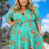 72 PSS-W {Spur Of The Moment} Mint Floral V-Neck Dress W/Belt PLUS SIZE 1X 2X 3X -Curvy Chic Boutique PhotoMay102023 30520AM