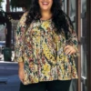 55 PQ-C {Pleasant Harmony} Mustard Green Floral Top -Curvy Chic Boutique Pleasentharmony