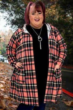 53 OT-W {Refreshing Thought} Coral Plaid Cardigan W/Hood CURVY BRAND!!! EXTENDED PLUS SIZE 3X 4X 5X 6X
