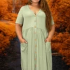 75 SSS-A {Simple Style} Sage Ribbed V-Neck Babydoll Dress PLUS SIZE 1X 2X 3X