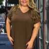45 SSS-C {Simple Ease} Mocha V-Neck Tunic PLUS SIZE 1X 2X 3X -Curvy Chic Boutique SimpleeaseMocha