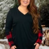 66 CP-A {Something Good} Black V-Neck Top W/Red Plaid Sleeve PLUS SIZE 1X 2X 3X -Curvy Chic Boutique SomthingGood