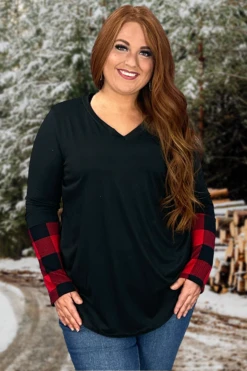 66 CP-A {Something Good} Black V-Neck Top W/Red Plaid Sleeve PLUS SIZE 1X 2X 3X