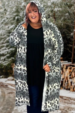 57 OT-H {Take A Trip} Grey Leopard Print Hooded Caridgan EXTENDED PLUS SIZE 3X 4X 5X -Curvy Chic Boutique TakeaTrip