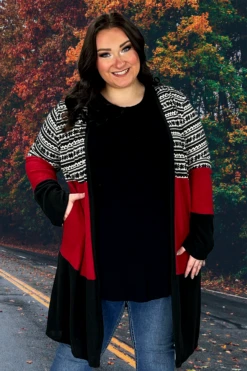 63 OT-A {Bundle Up Baby} Red/Black Print Duster PLUS SIZE 1X 2X 3X