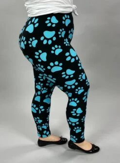 BIN-99 {Blue Paws} Black Leggings W/Blue Printed Paws EXTENDED PLUS SIZE
