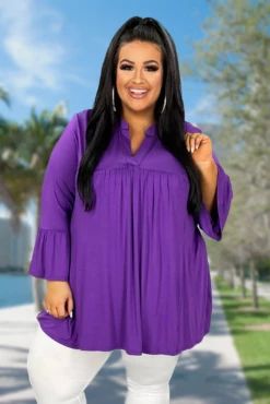 62 SQ-D {Pretty Pleasing} Solid Purple Babydoll V-Neck Top PLUS SIZE XL 2X 3X