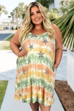 LD-S {Star On Call} Sage Star Print Dress PLUS SIZE XL 2X 3X