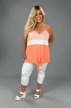 85 SV-Q {All Your Own} Salmon Stripe Print Front Tie Top SALE!!! PLUS SIZE 1X 2X 3X