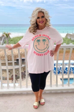 30 GT-B (Beach More) Pink Smiley Face Graphic Tee PLUS SIZE 1X 2X 3X