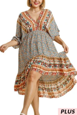 37 CP-B {Feel Authentic} Umgee Cream SALE! Floral Dress PLUS SIZE XL 1X 2X