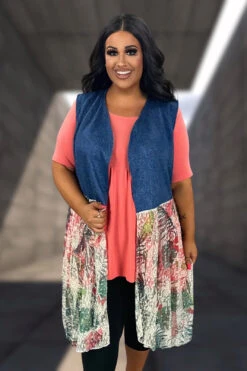 33 OT-Y {Time To Dress Up} Denim/Tropical Lace Vest PLUS SIZE XL 2X 3X