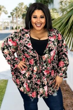 16 OT-A {Perfectly Mine} Black Floral SALE!! Front Tie Cardigan PLUS SIZE XL 2X 3X