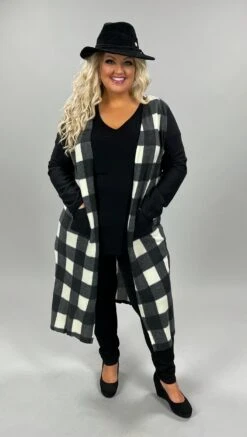 35 OT-A {Keep Me Honest} Black/Ivory Plaid Long Cardigan Plus Size 1X 2X 3X