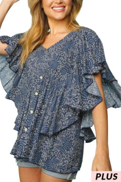 12 PSS {On Your Radar} Blue Print V-Neck Babydoll Top PLUS SIZE XL 2X 3X