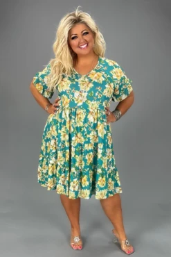 51 PSS-H {Original Love} Teal Floral Tiered Dress PLUS SIZE XL 2X 3X