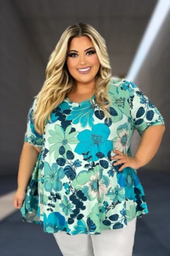 78 PSS-Q {Fashion Statement} Mint Floral V-Neck Top EXTENDED PLUS SIZE 3X 4X 5X