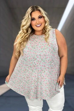 16 SV-V {No Words} Mint/Pink Floral Sleeveless Top EXTENDED PLUS SIZE 3X 4X 5X
