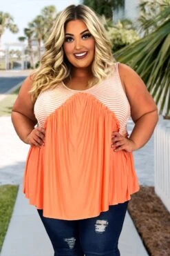 98 SV-D {All For Fun} Salmon Stripe Print Top PLUS SIZE 1X 2X 3X