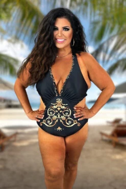 SWIM-E {Moonlit Swim} Black/Gold One Piece Swimsuit PLUS SIZE 3X