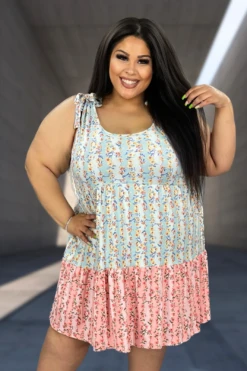 59 SV-P {First And Foremost} Aqua Floral Tiered Dress PLUS SIZE XL 2X 3X