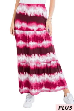 BT-I {Genuine Gratitude} BURGUNDY Tie Dye Tiered Skirt PLUS SIZE 1X 2X 3X