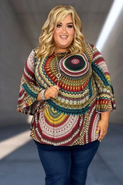 81 PQ-B {Statement Making} Red Multi Print Top EXTENDED PLUS SIZE 3X 4X 5X
