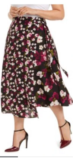 BT-Z M-109 [Calvin Klein} Black Floral Wrap Skirt Retail $99.50 PLUS SIZE 14W 16W 18W 20W 22W