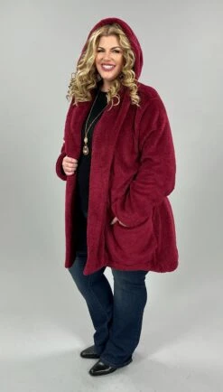 22 OR 35 OT-E {Cozy Vibes} Burgundy Plush Cardigan W/Hood PLUS SIZE 1X 2X 3X