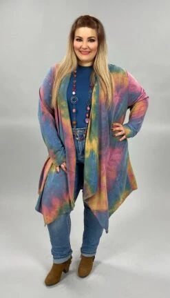 17 OT-C {Grooving On Fashion} Multi-Color Tie Dye Cardigan PLUS SIZE 1X 2X 3X