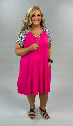 65 CP-M {Zebra Run} Fuchsia Dress W Zebra Sleeves PLUS SIZE 1X 2X 3X