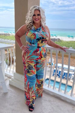 LD-N {Lovely Babe} SALE! Tropical Print Halter Jumpsuit PLUS SIZE XL 2X 3X