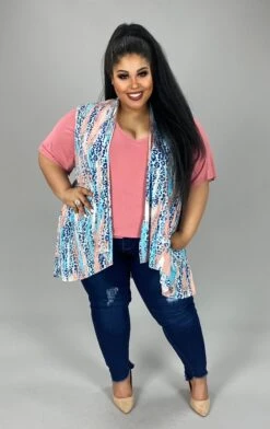 98 OT-C {Never Overlooked} Blue/Coral Animal Print Vest PLUS SIZES XL 2X 3X