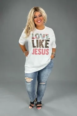 72 GT-O {Love Like Jesus} White Leopard Floral Graphic Tee PLUS SIZE 2X 3X
